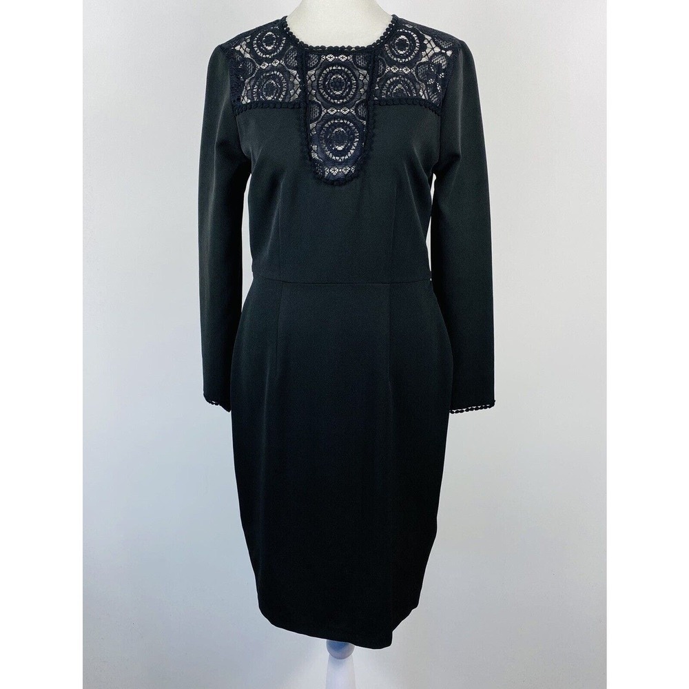 Neiman Marcus Size Small Lace Detail Long Sleeve Sheath Dress Black LBD